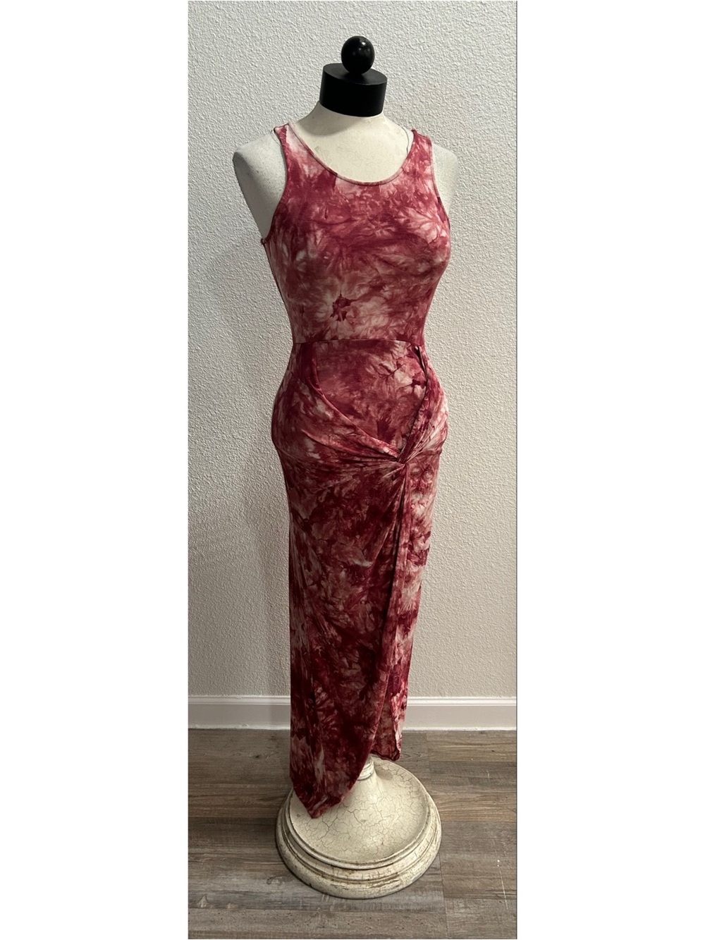 Heart & Hips Burgundy Tie Dye Bodycon Maxi Sleeveless Front Knot Dress Sz Small